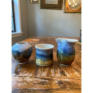 Handcrafted Ceramic Pottery Creamer Vase & Cup Set - Signed Artist Griley - Blue